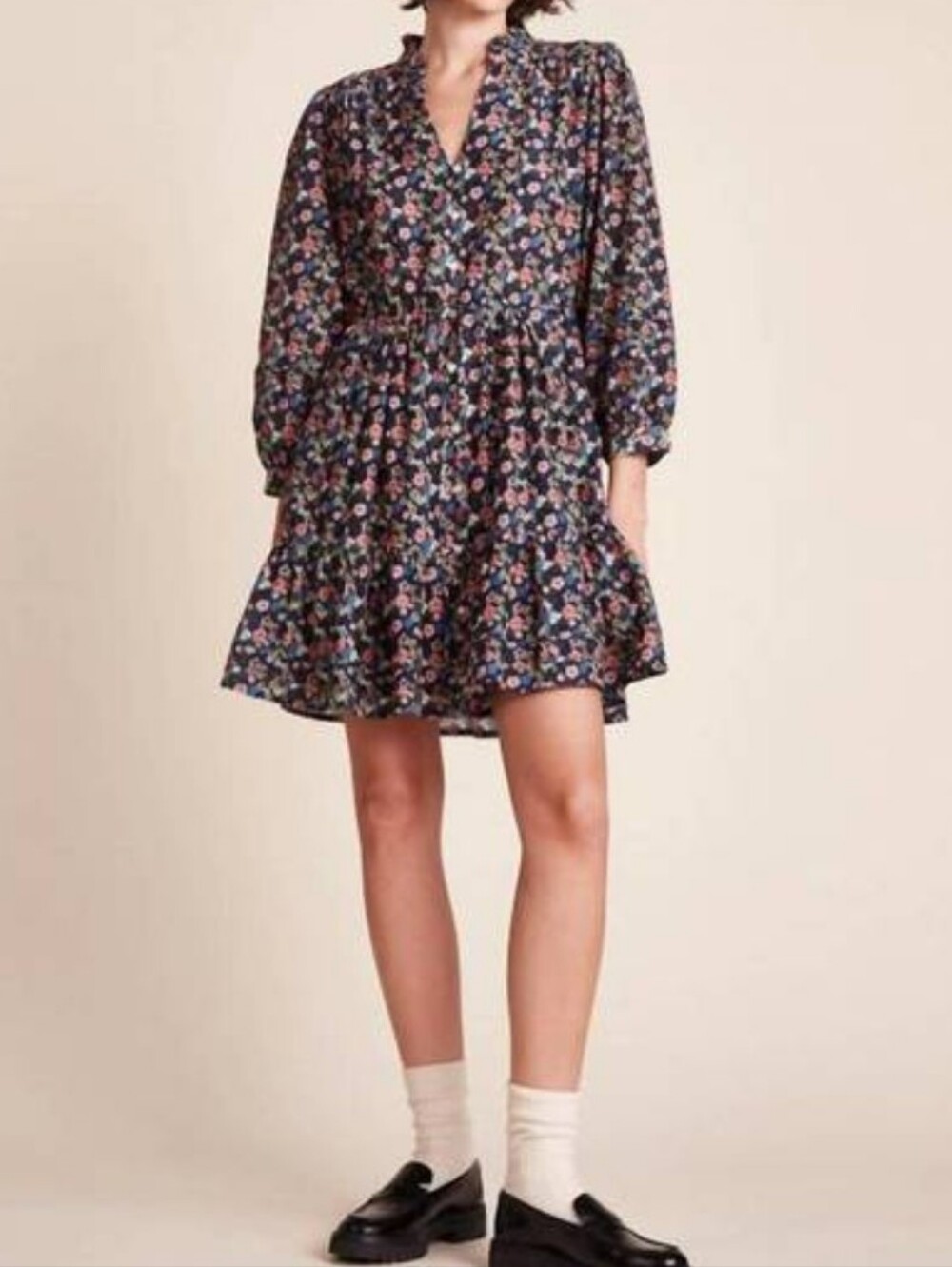 Yulia Rolling Hills Navy Floral Tie Waist Buttondown Shirtdress XS with Pockets